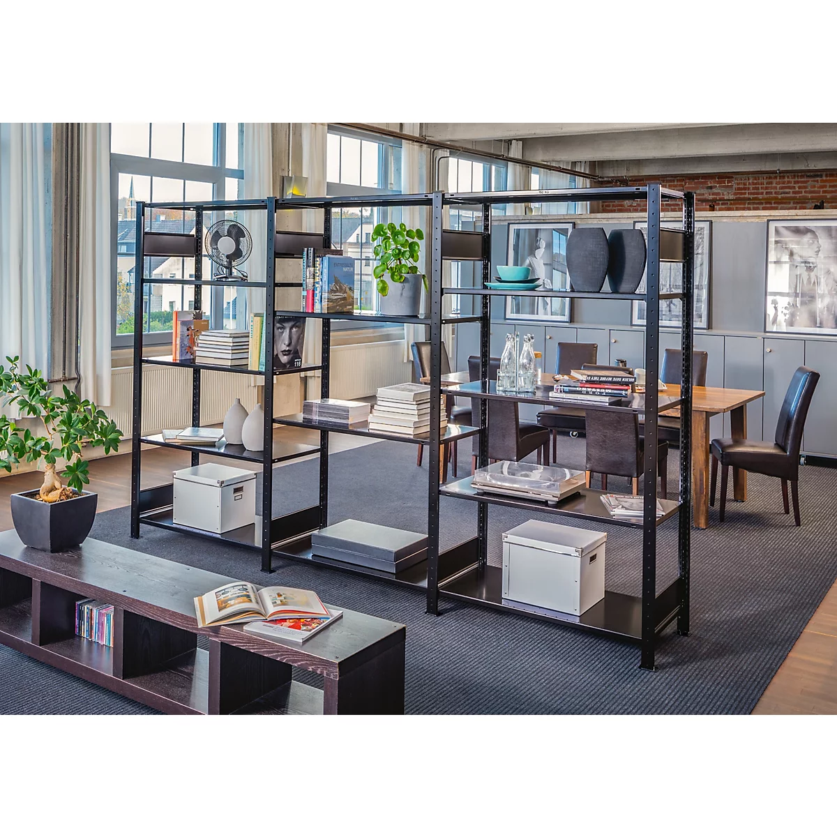 Schulte Lagertechnik MULTIplus 150 rekkenset zonder schroeven, 1 x basisrek &amp; 2 x aanbouwrek, 14 in hoogte verstelbare legborden, B 3000 x D 500 x H 2000 mm, staal, zwart