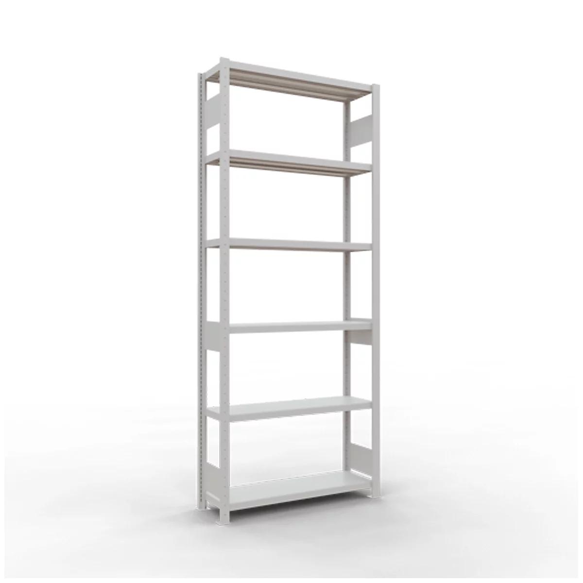 Grijs vrijstaand rek met vijf planken op witte achtergrond.