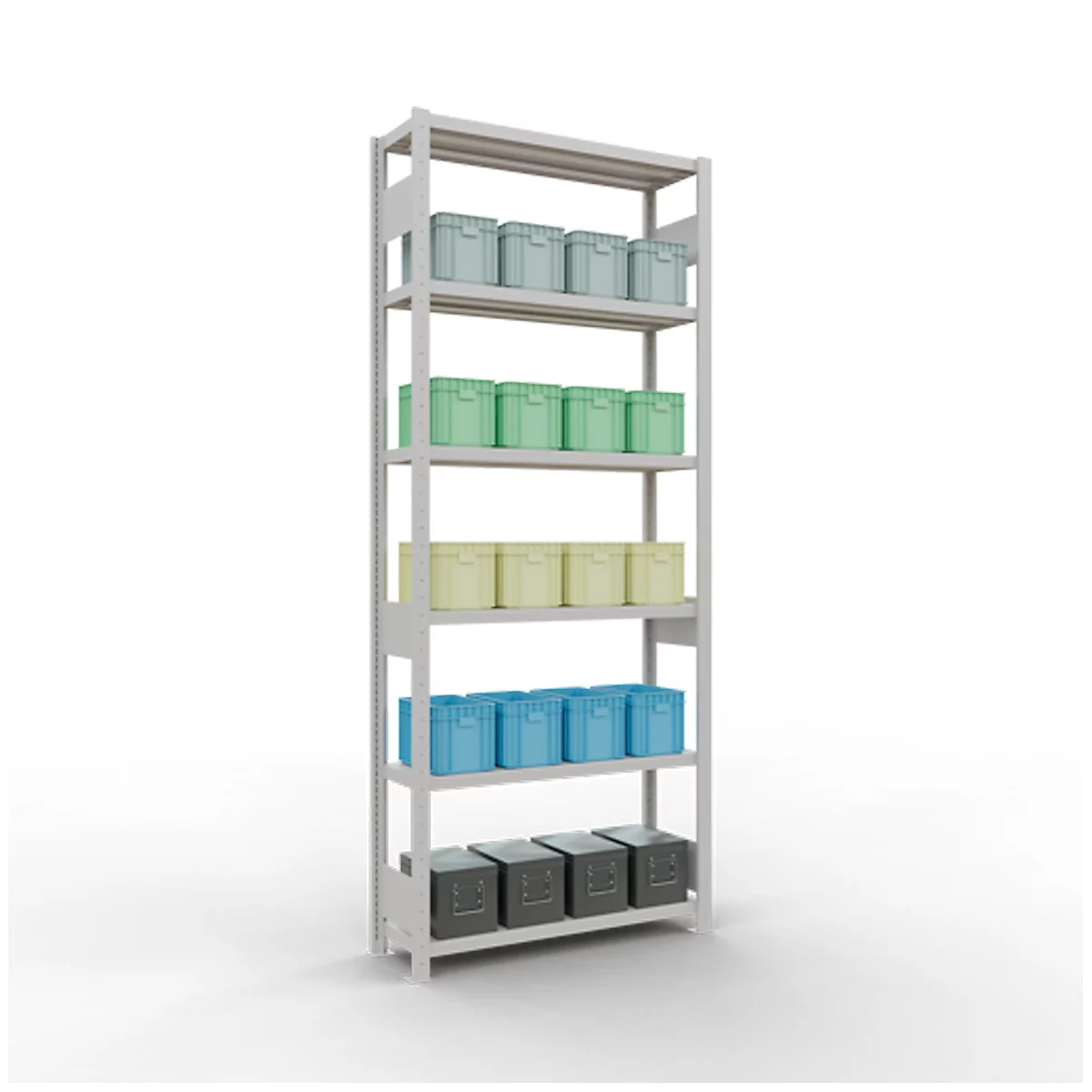 Stelling met gekleurde dozen in verschillende kleuren. Grijs metalen rek op een witte achtergrond.