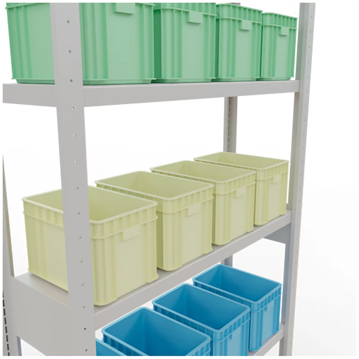 Rek met groene, gele en blauwe plastic bakken.