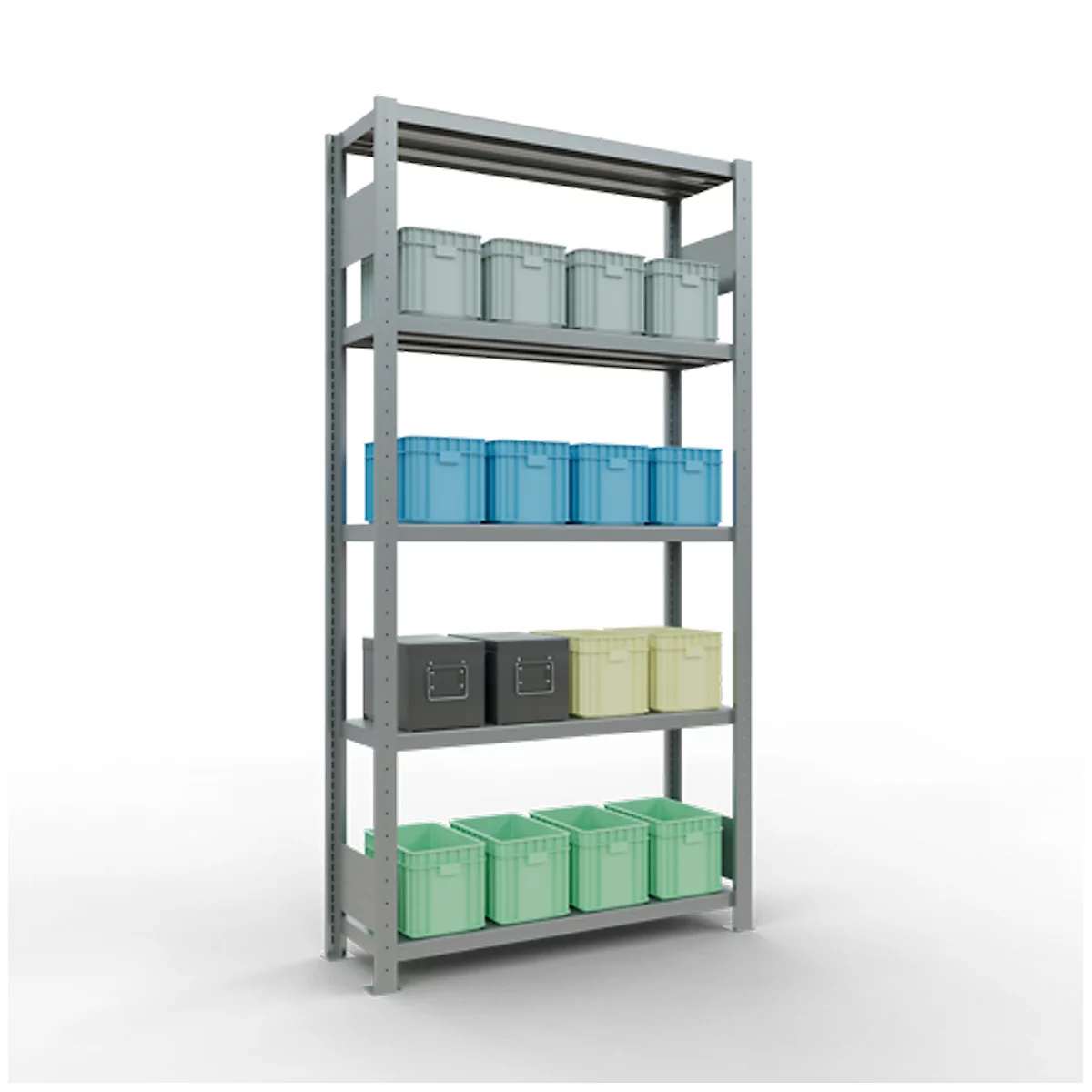 Een grijs metalen schap gevuld met blauwe, groene, lichtblauwe en gele dozen op een witte achtergrond.