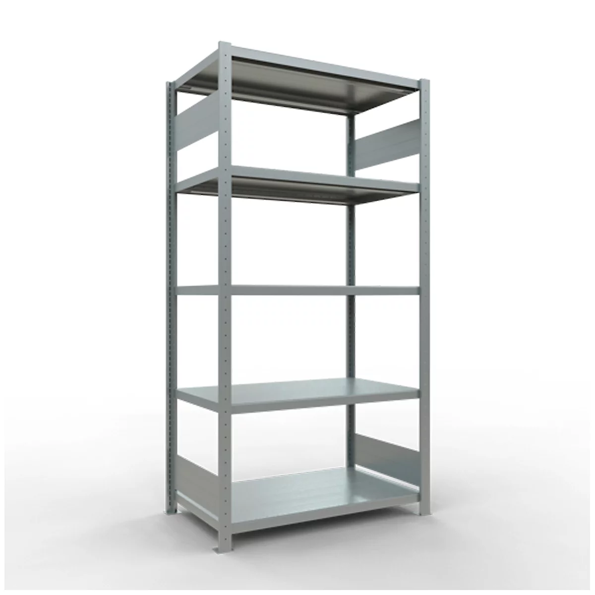 Metalen rek, grijs, met 5 planken, op een witte achtergrond.