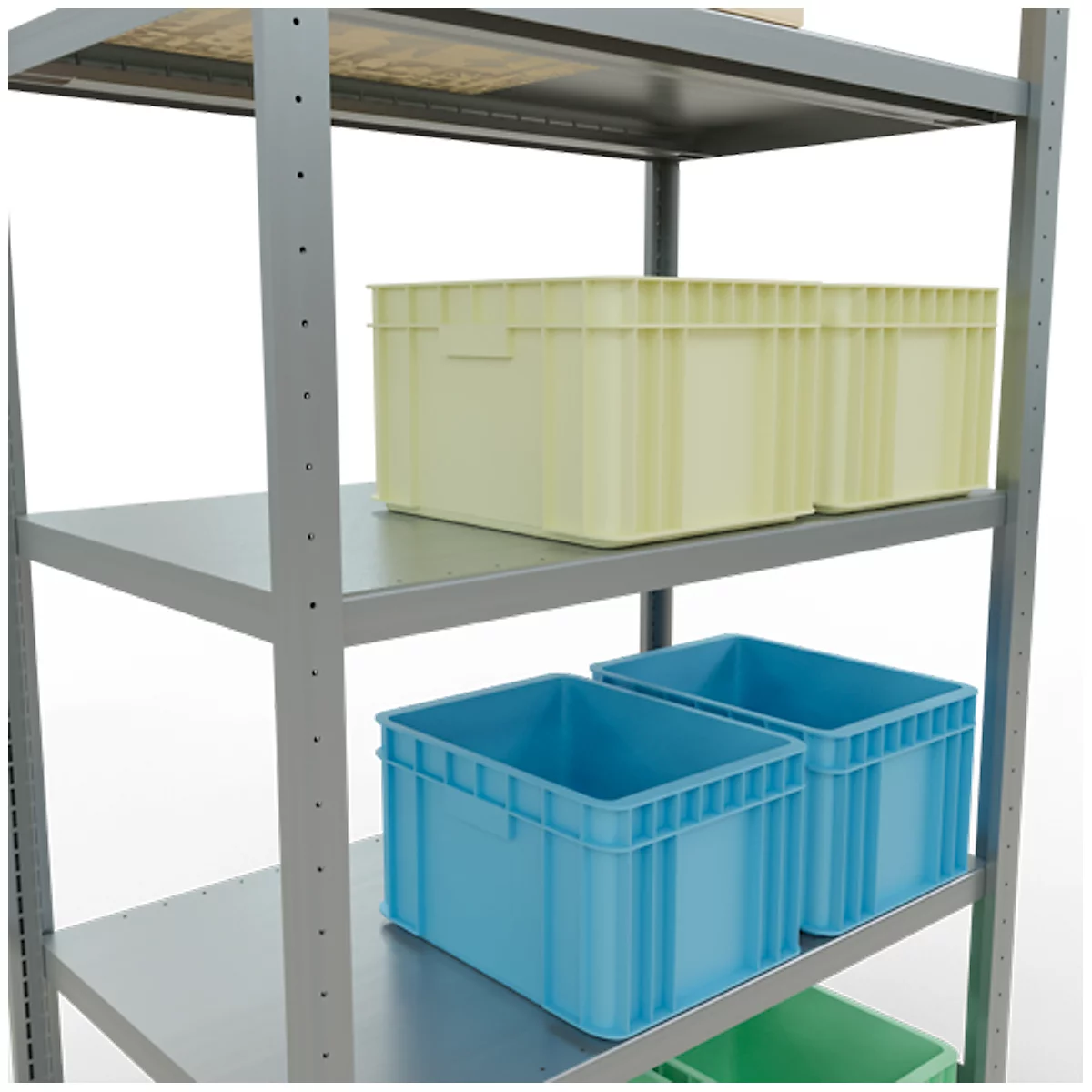 Metalen plank met plastic dozen in verschillende kleuren. De plank heeft vier niveaus waarop dozen in geel, blauw en groen zijn geplaatst.