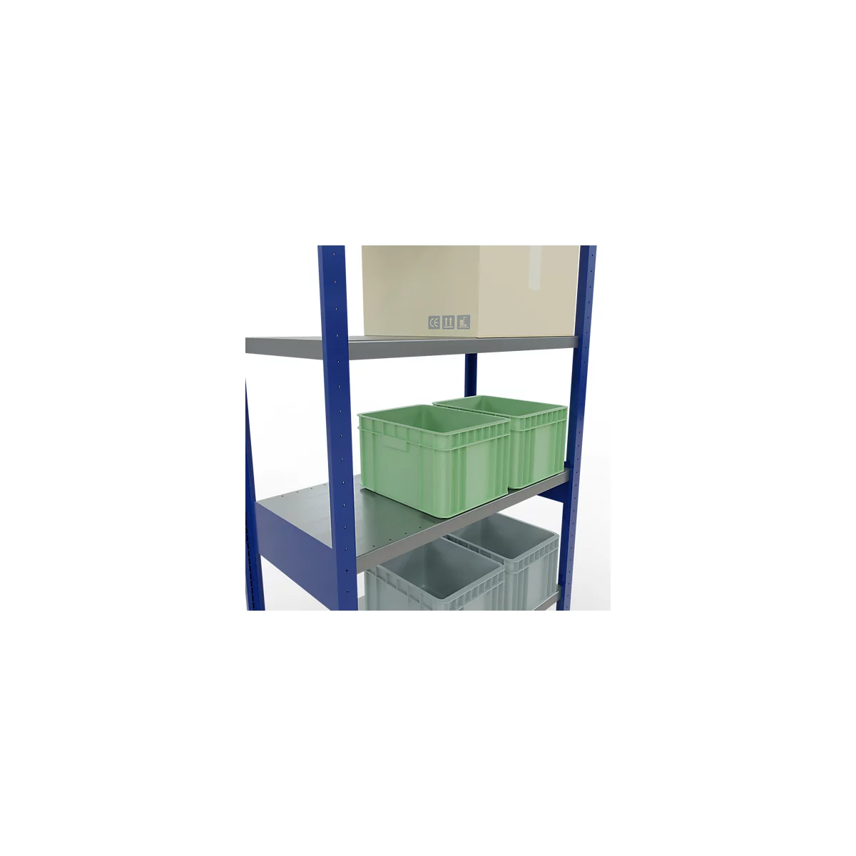Blauw rekken systeem met grijze planken. Daarop: kartonnen doos, groene en grijze dozen.