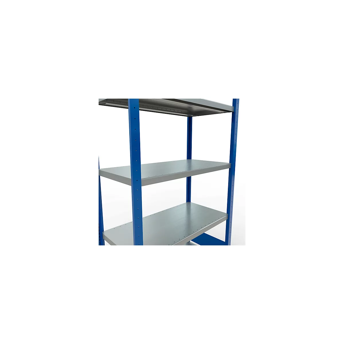 Close-up van een metalen rek met grijze planken en blauwe frames tegen een witte achtergrond.