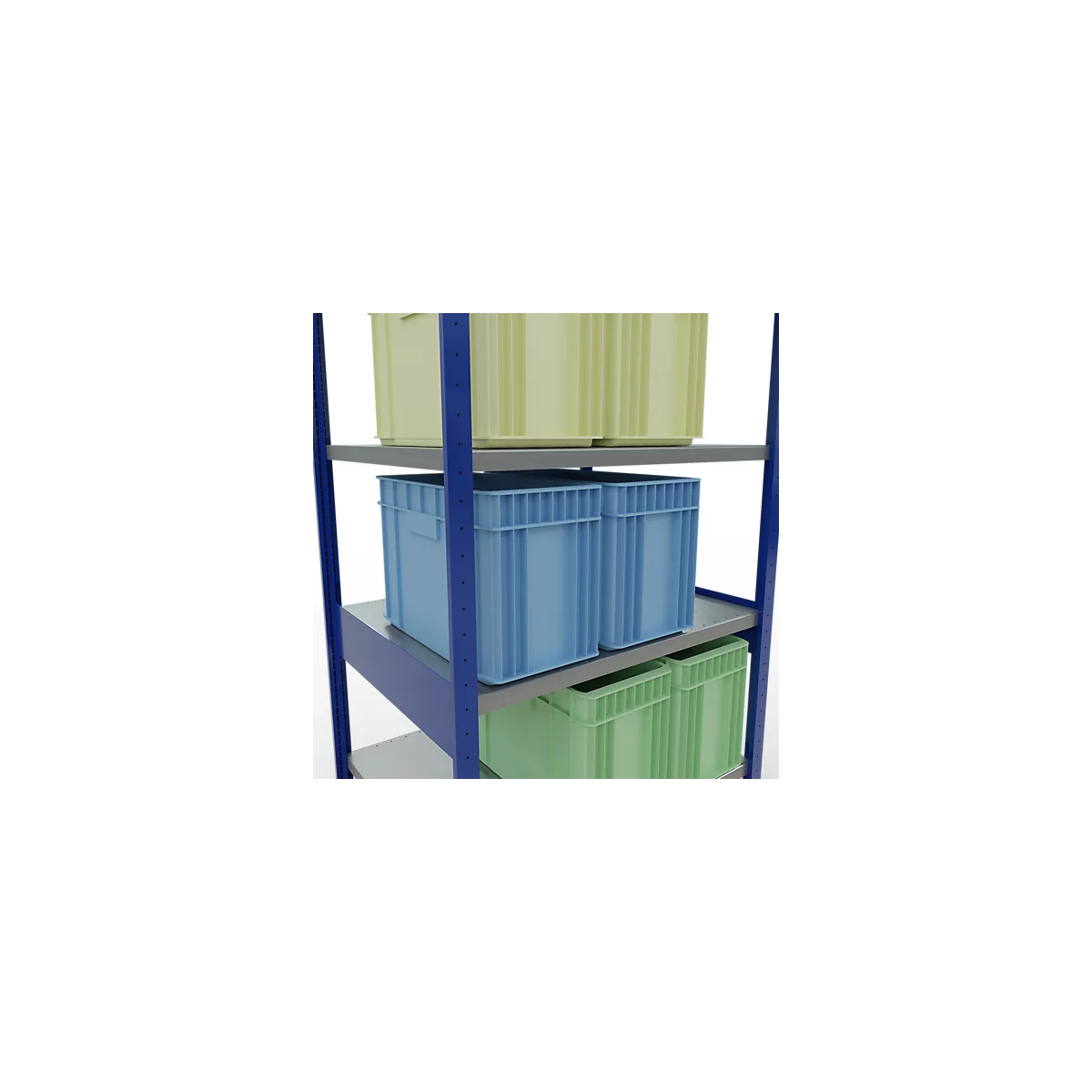 Een blauw opslagrek met meerdere niveaus met gele, blauwe en groene plastic kratten.