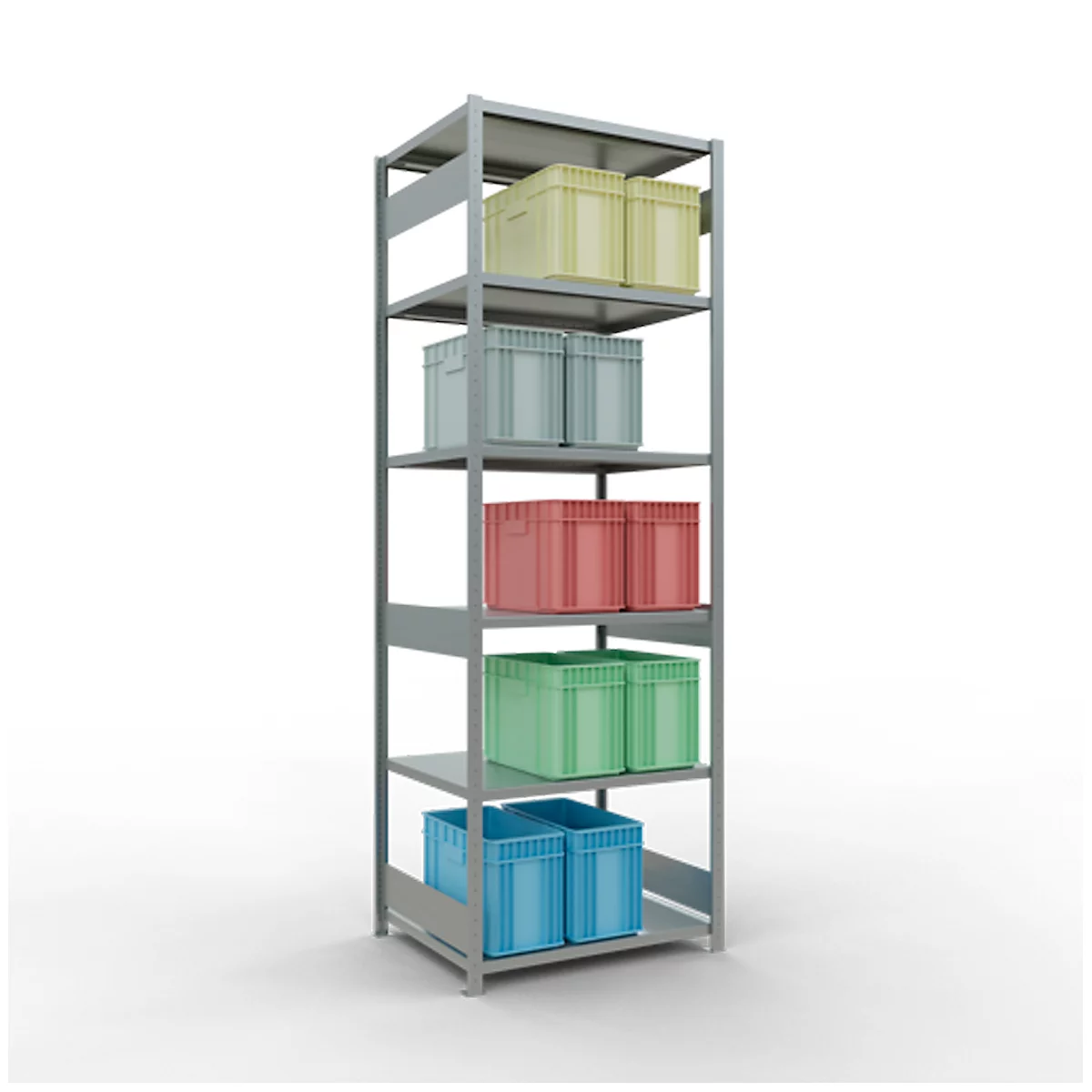 Grijs metalen rek met vijf niveaus, gevuld met gekleurde dozen: geel, lichtblauw, rood, groen en donkerblauw.