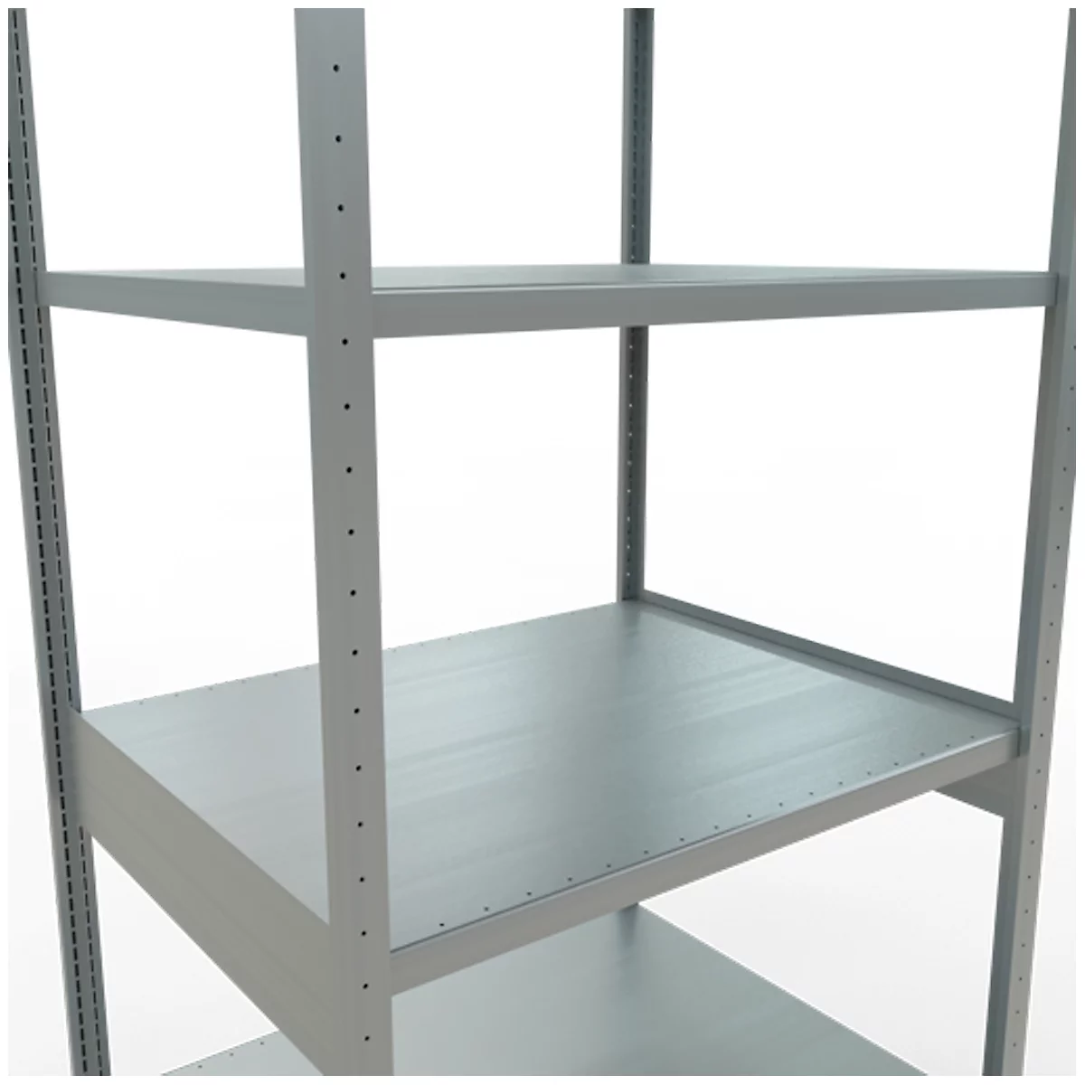 Grijs metalen rek, zicht op de planken, detailweergave.