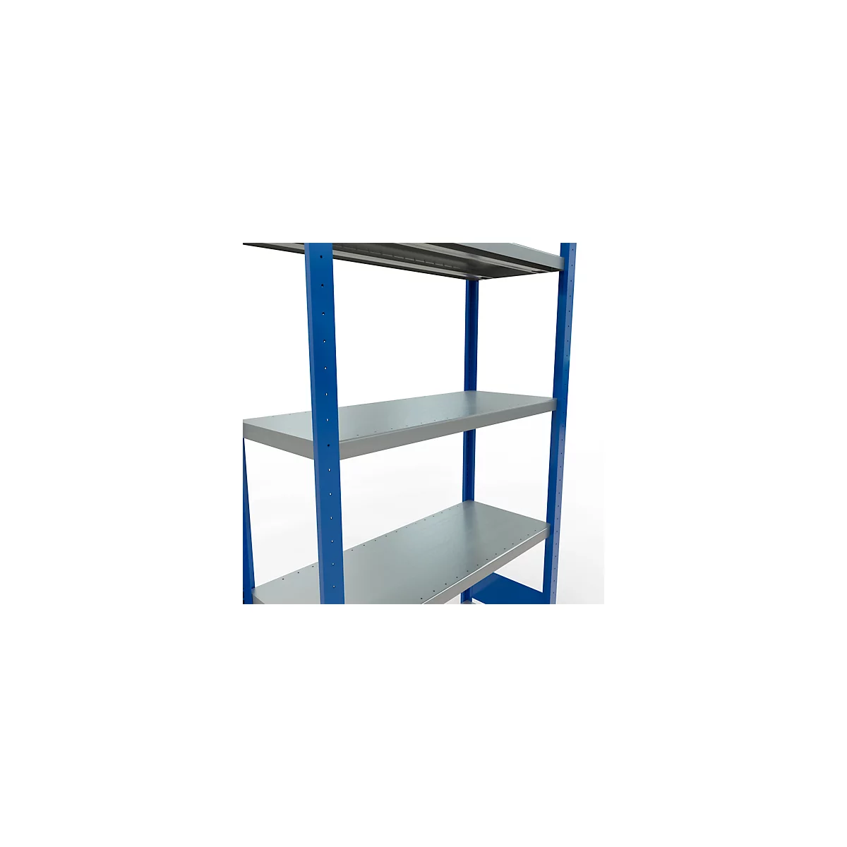 Blauw metalen rek met grijze planken. Het rek heeft vier niveaus en staat tegen een witte achtergrond.