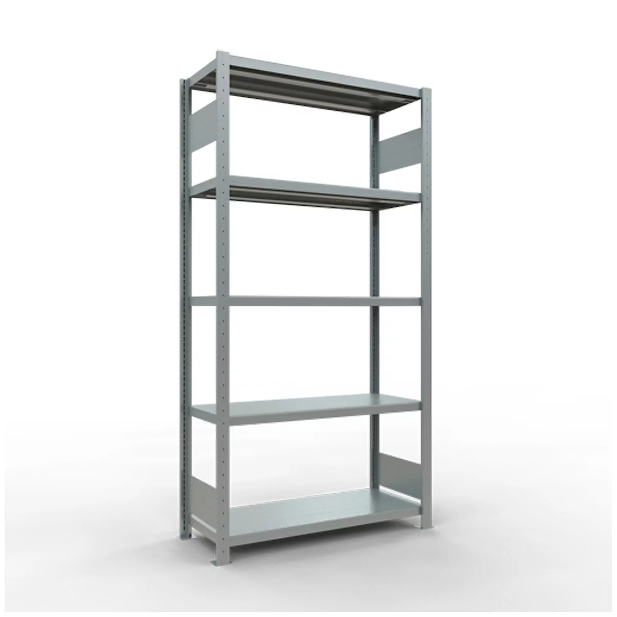 Grijs metalen rek met vijf planken, geïsoleerd op een witte achtergrond.