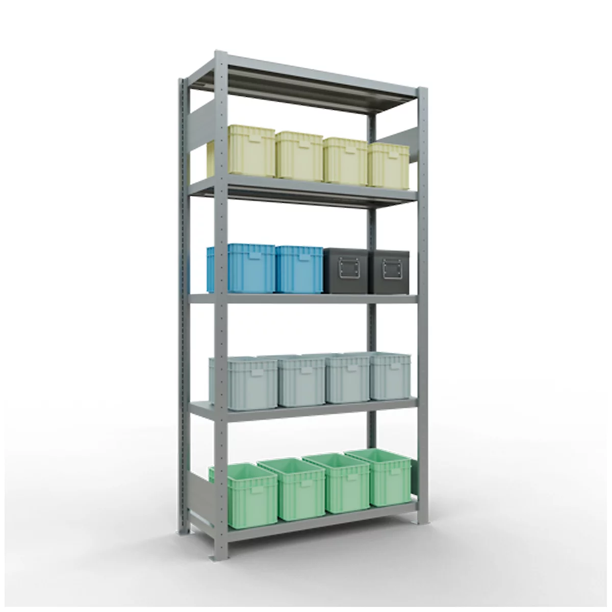Een grijs opslagrek met vijf niveaus gevuld met gele, blauwe, grijze en groene containers.