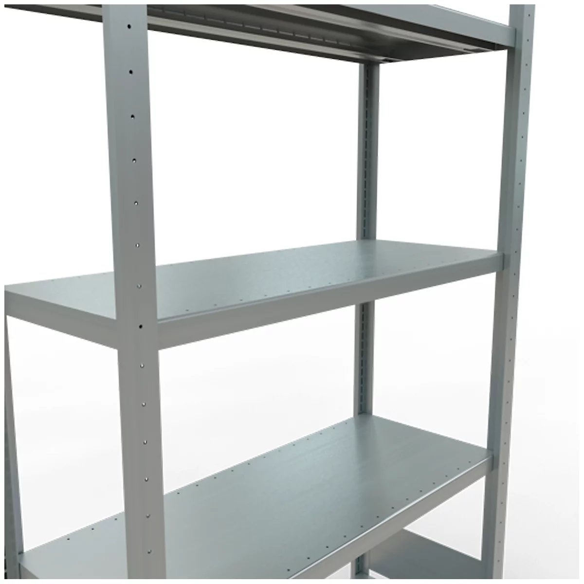 Metalen stellingkast met meerdere planken, tegen een witte achtergrond.