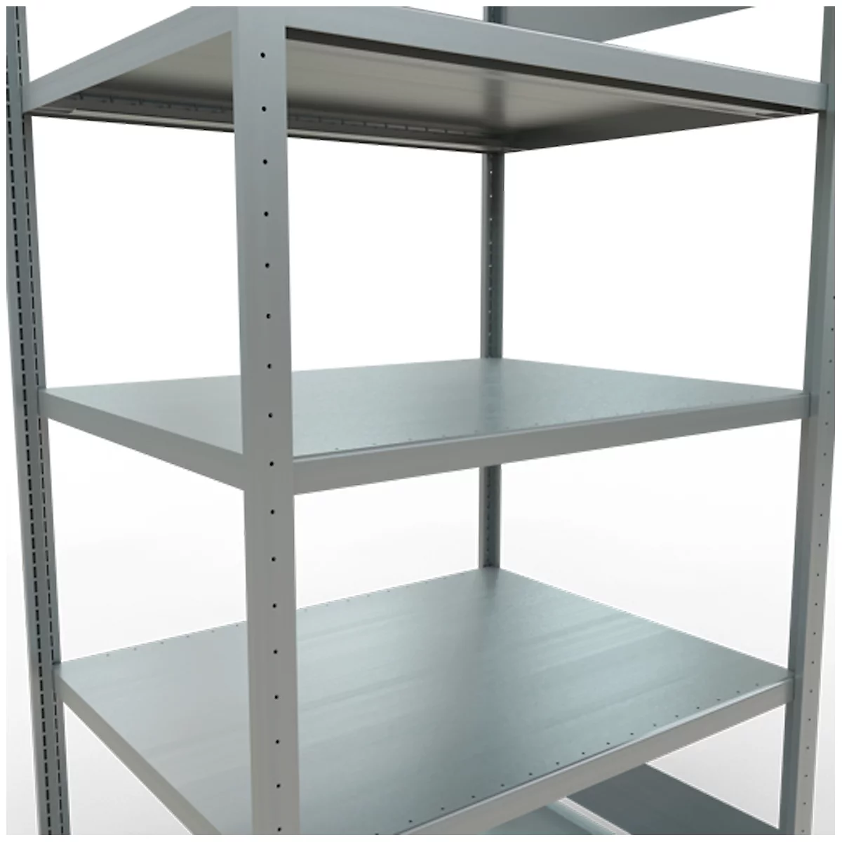 Metalen rek met vier planken, zicht van onderaf. De grijze planken zijn verbonden door metalen stutten.