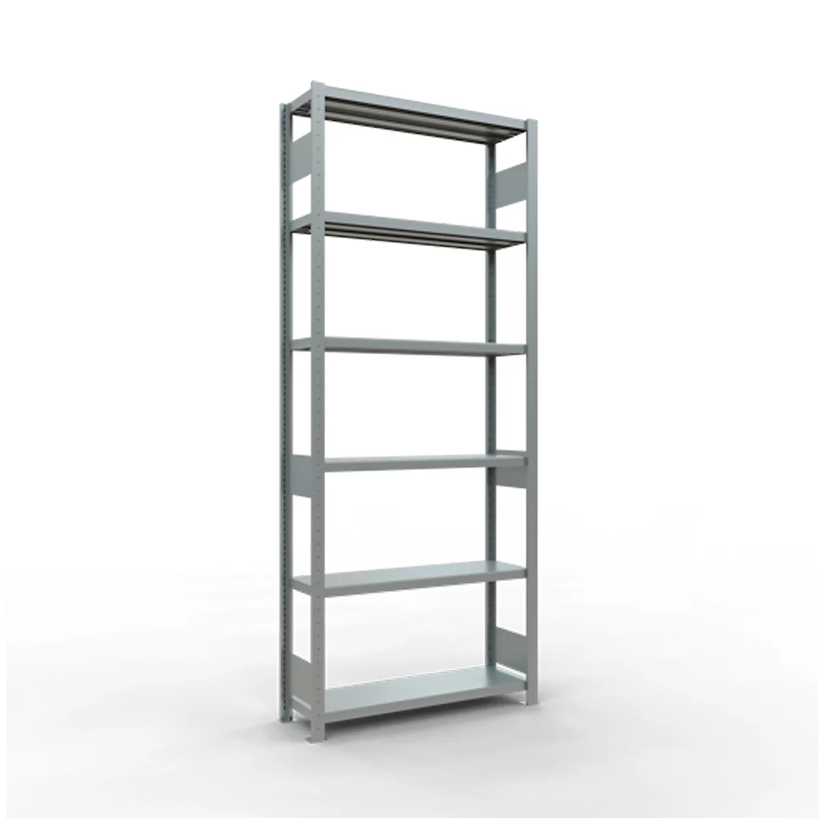 Grijze metalen plank met zes planken tegen een witte achtergrond.