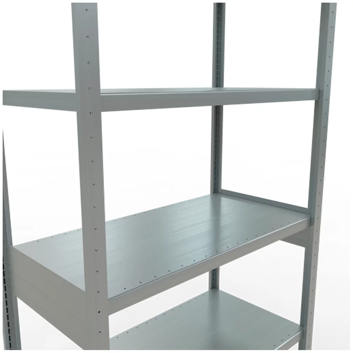 Lichtgrijze metalen stellingkast met vier planken, in detail, op een witte achtergrond.