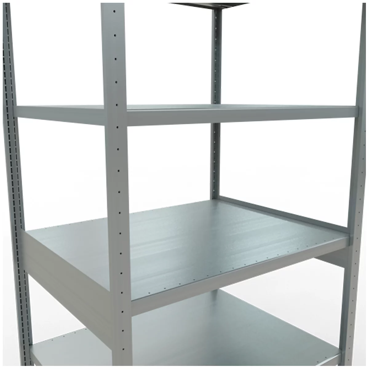 Bovenaanzicht van een grijze metalen plank met meerdere niveaus. De structuur is open en geplaatst op een lichte achtergrond.