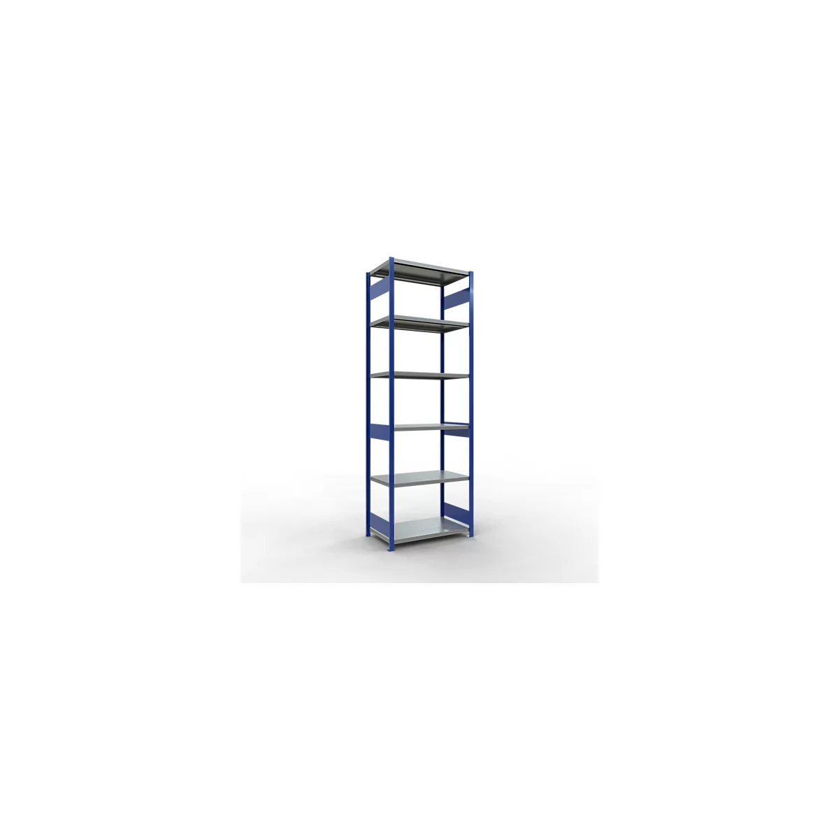 Een metalen schap met een blauw frame en grijze planken. Het heeft vijf niveaus en staat tegen een witte achtergrond.