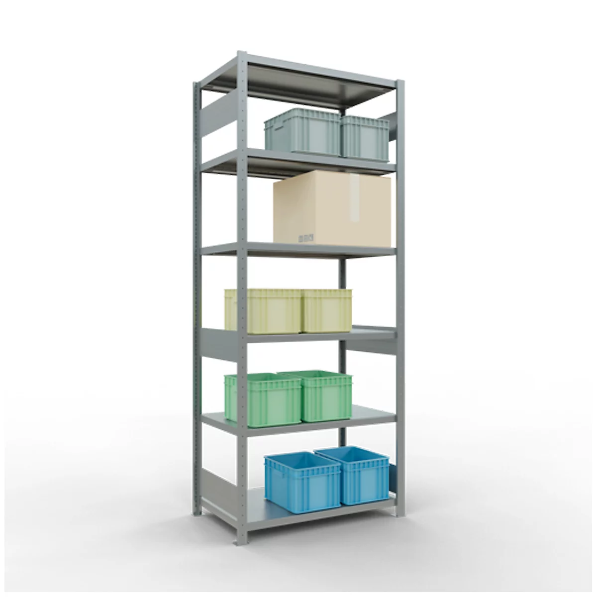 Una estantería de almacenamiento gris llena de cajas verdes, amarillas, azules y una caja de cartón marrón.