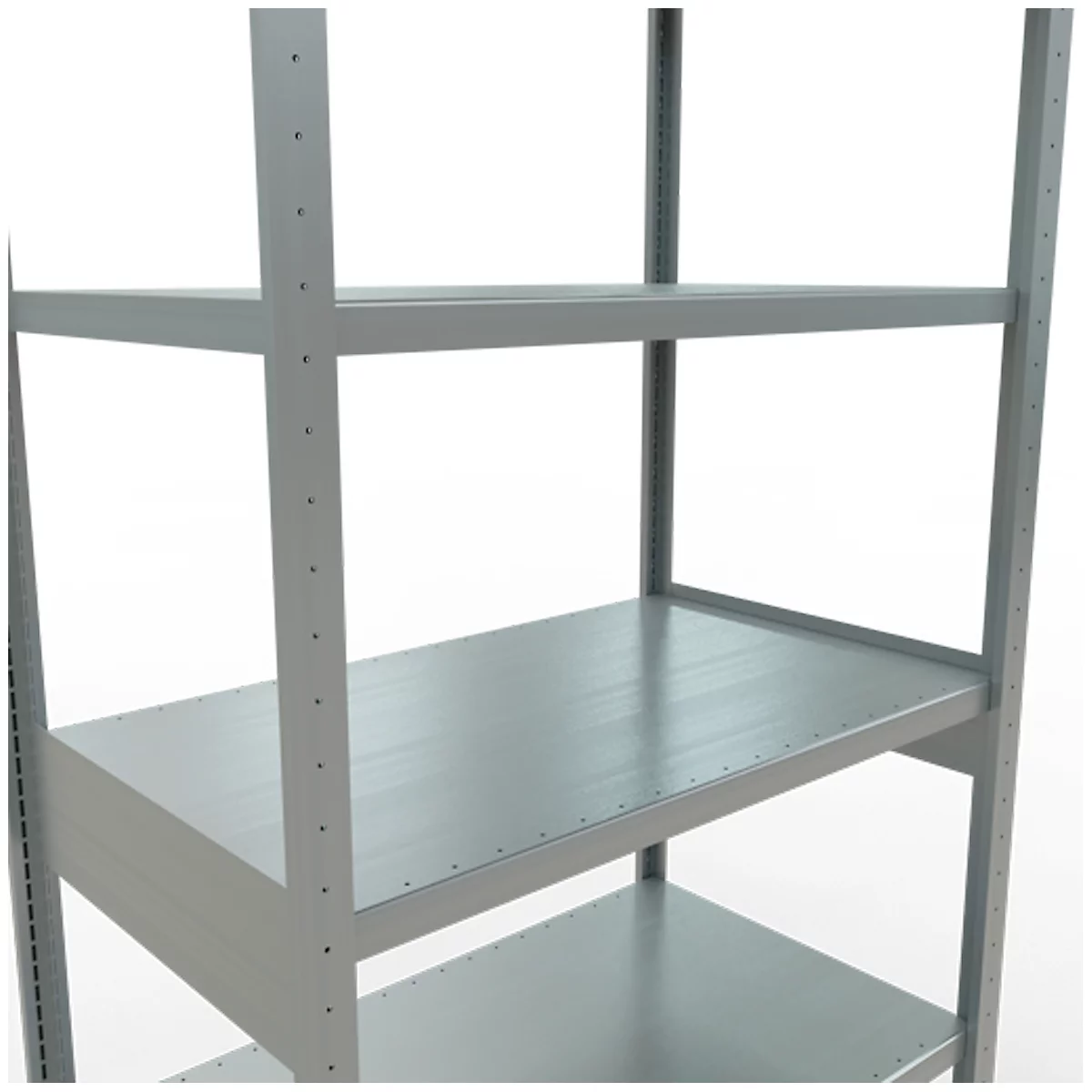 Estantería de metal gris con varios estantes. Superficie gris claro con tornillos visibles. La estantería se encuentra frente a un fondo blanco.