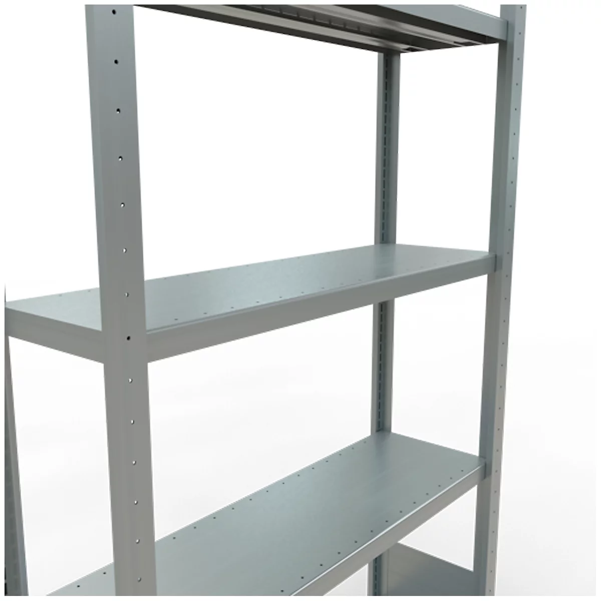 Estantería de acero con cuatro niveles; color gris claro.