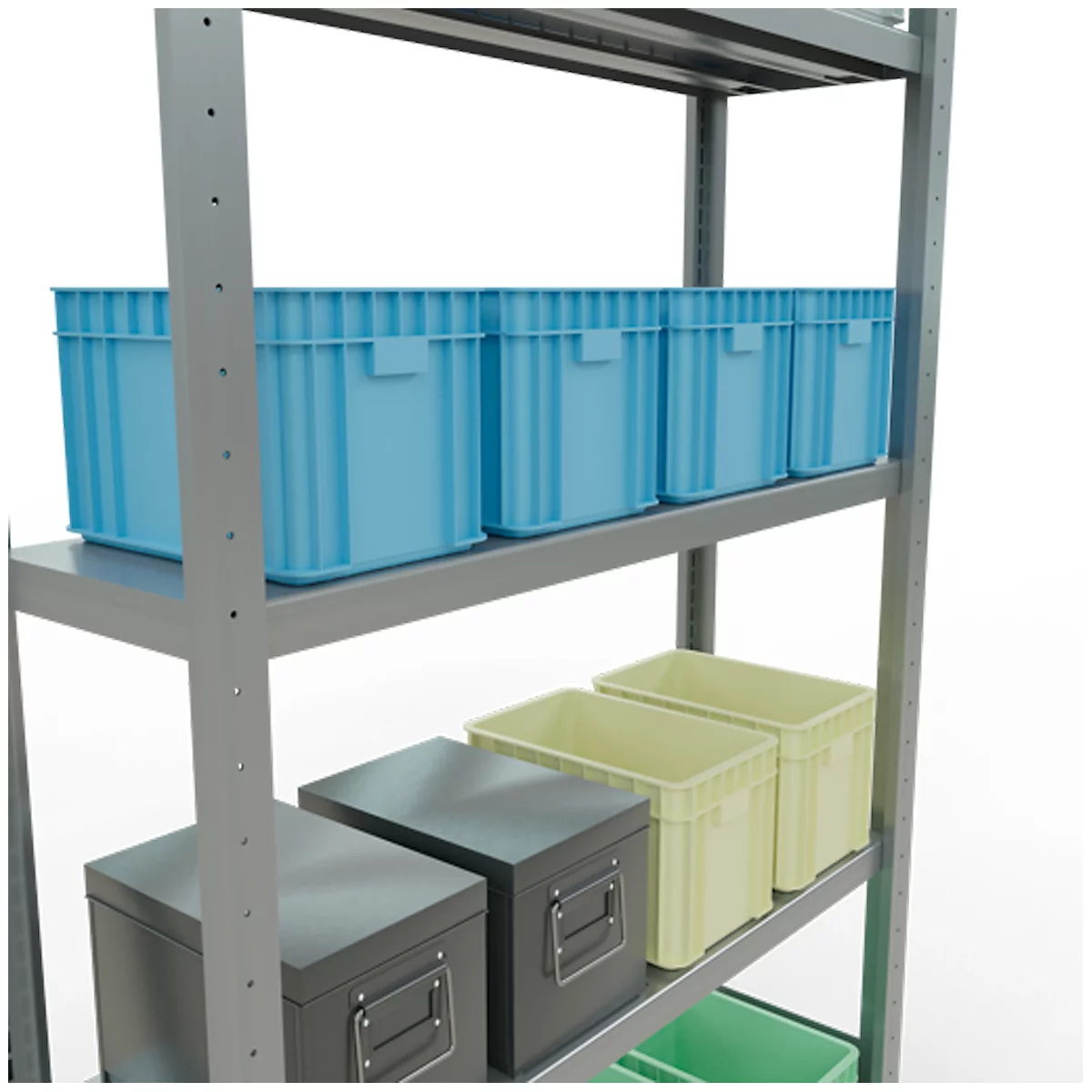 Estantería metálica con cajas de plástico azules, amarillas, grises y verdes. Las cajas están dispuestas en diferentes niveles.