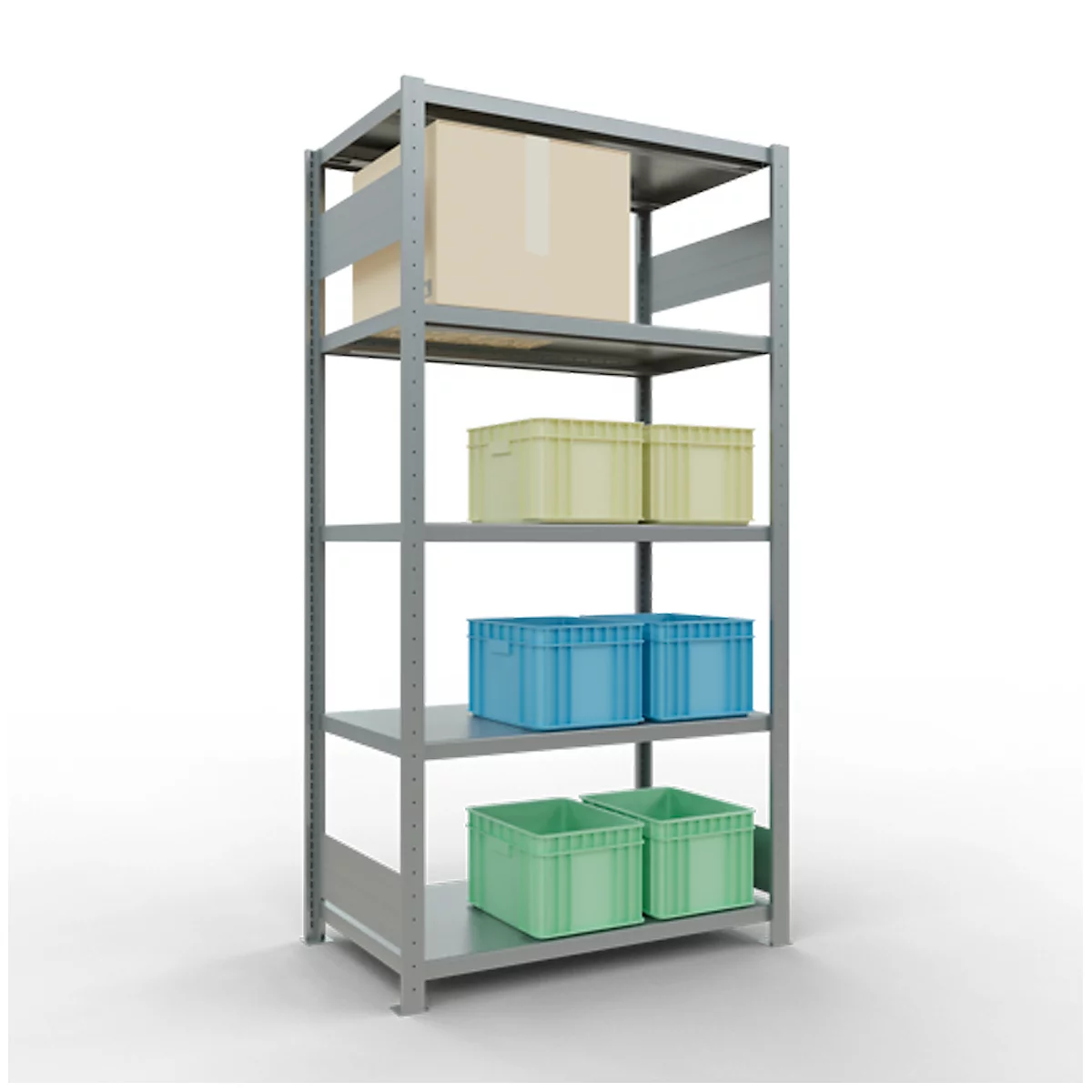 Estantería metálica con caja de cartón y cajas de diferentes colores. La estantería tiene 5 niveles.