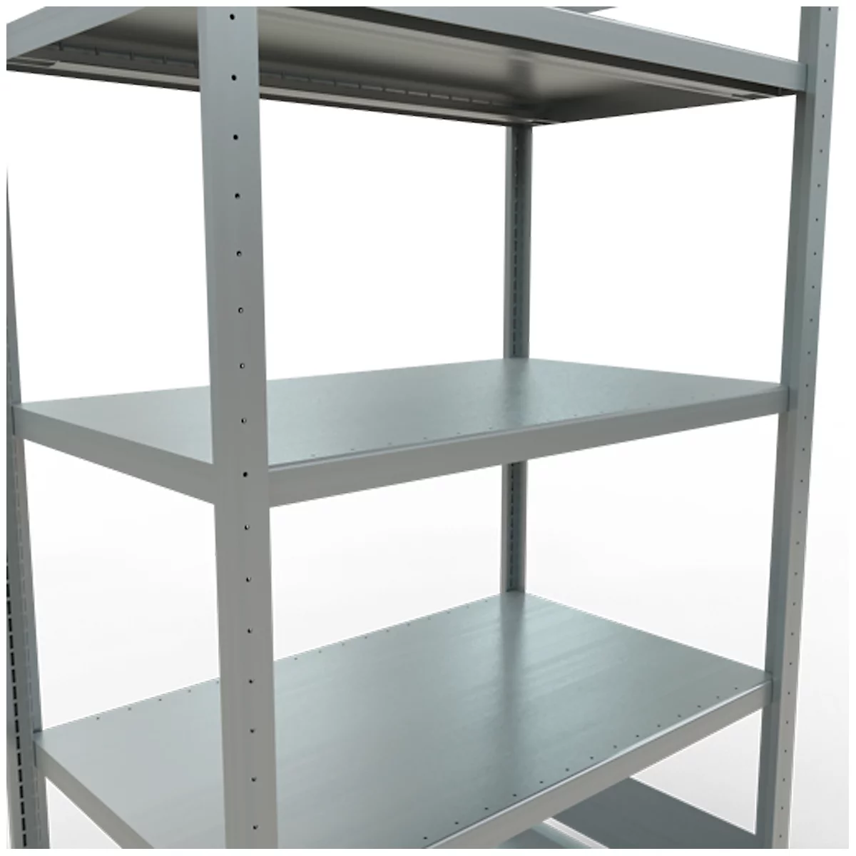 Estantería metálica gris con cuatro estantes, sobre un fondo blanco.