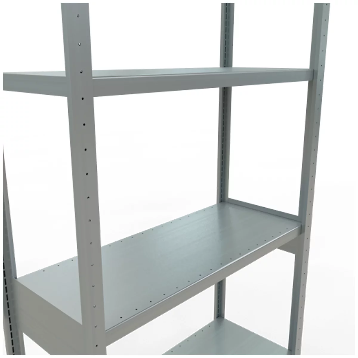 Estante de metal gris sobre fondo blanco. Múltiples niveles con tornillos visibles. Barras verticales con agujeros.