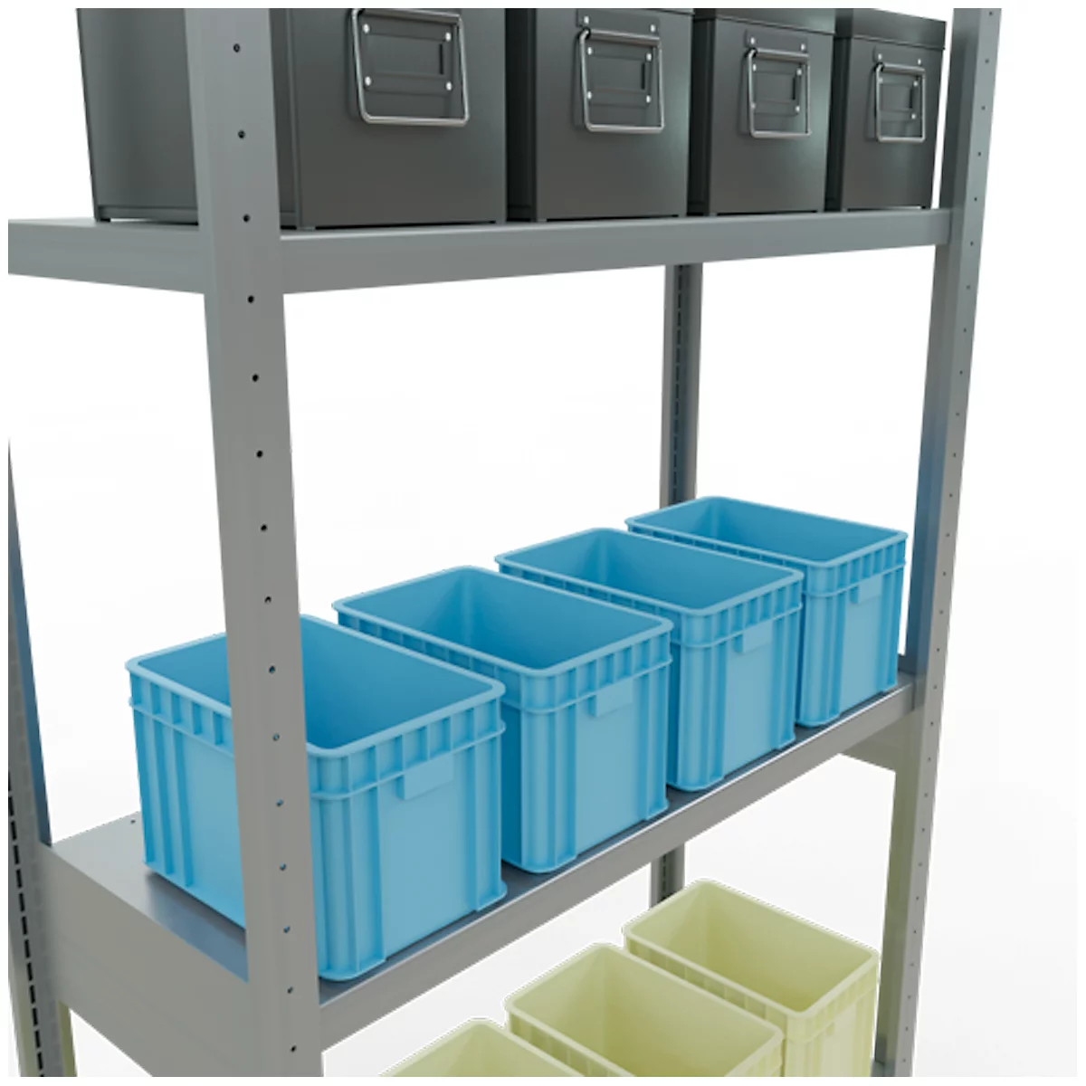 Estantería metálica con cajas grises y cajas azules y amarillas.