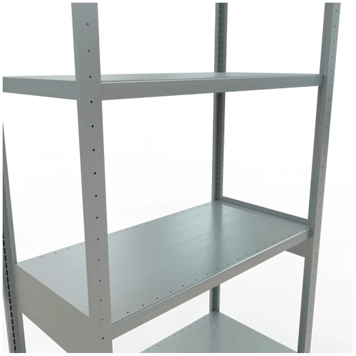 Estante de metal plateado. Cuatro estantes y soportes verticales.