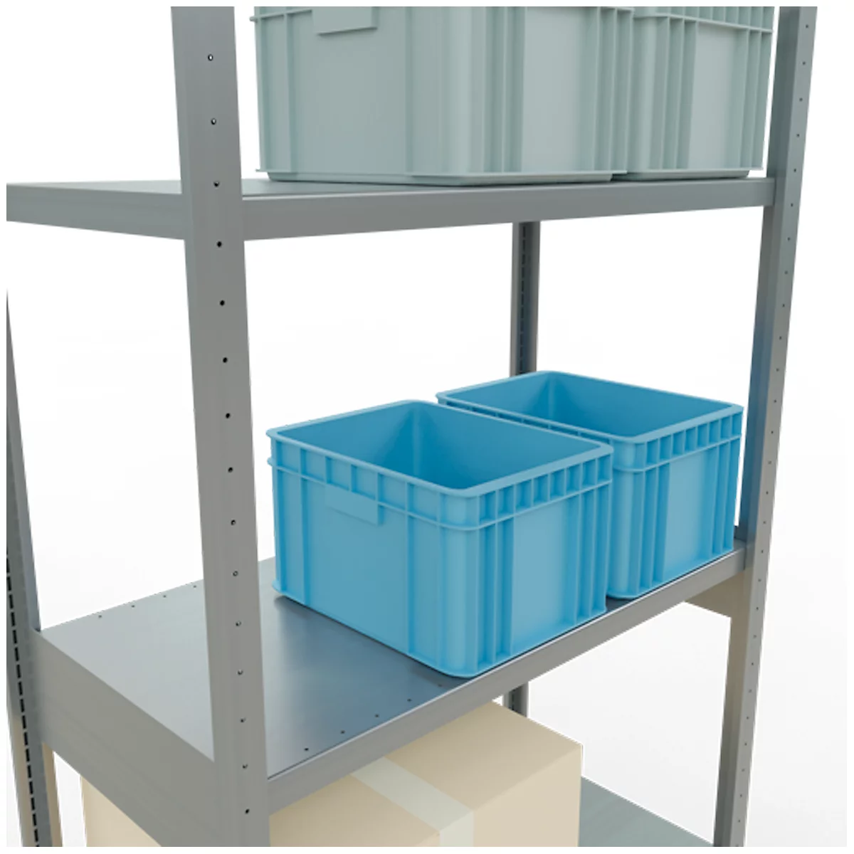 Estantería metálica con cajas azules y azul claro. También hay una caja de cartón en el estante.