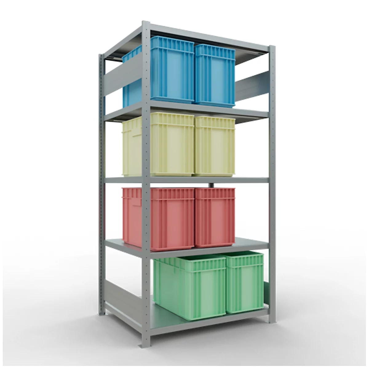 Una estantería metálica con cuatro niveles llenos de cajas de plástico azules, amarillas, rojas y verdes.