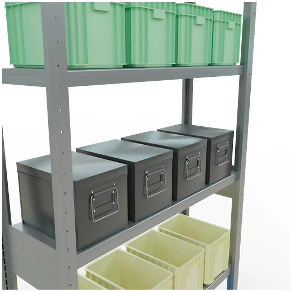 Estantería de acero con cajas verdes y grises de diferentes tamaños y contenedores amarillos.