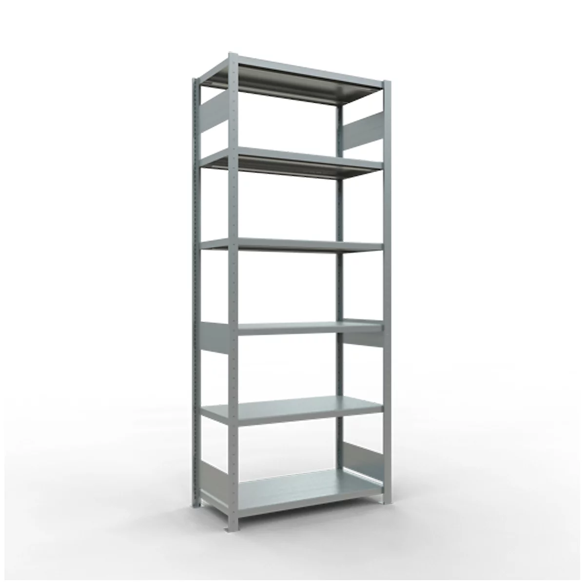 Estantería metálica gris con cinco estantes, aislada sobre fondo blanco.