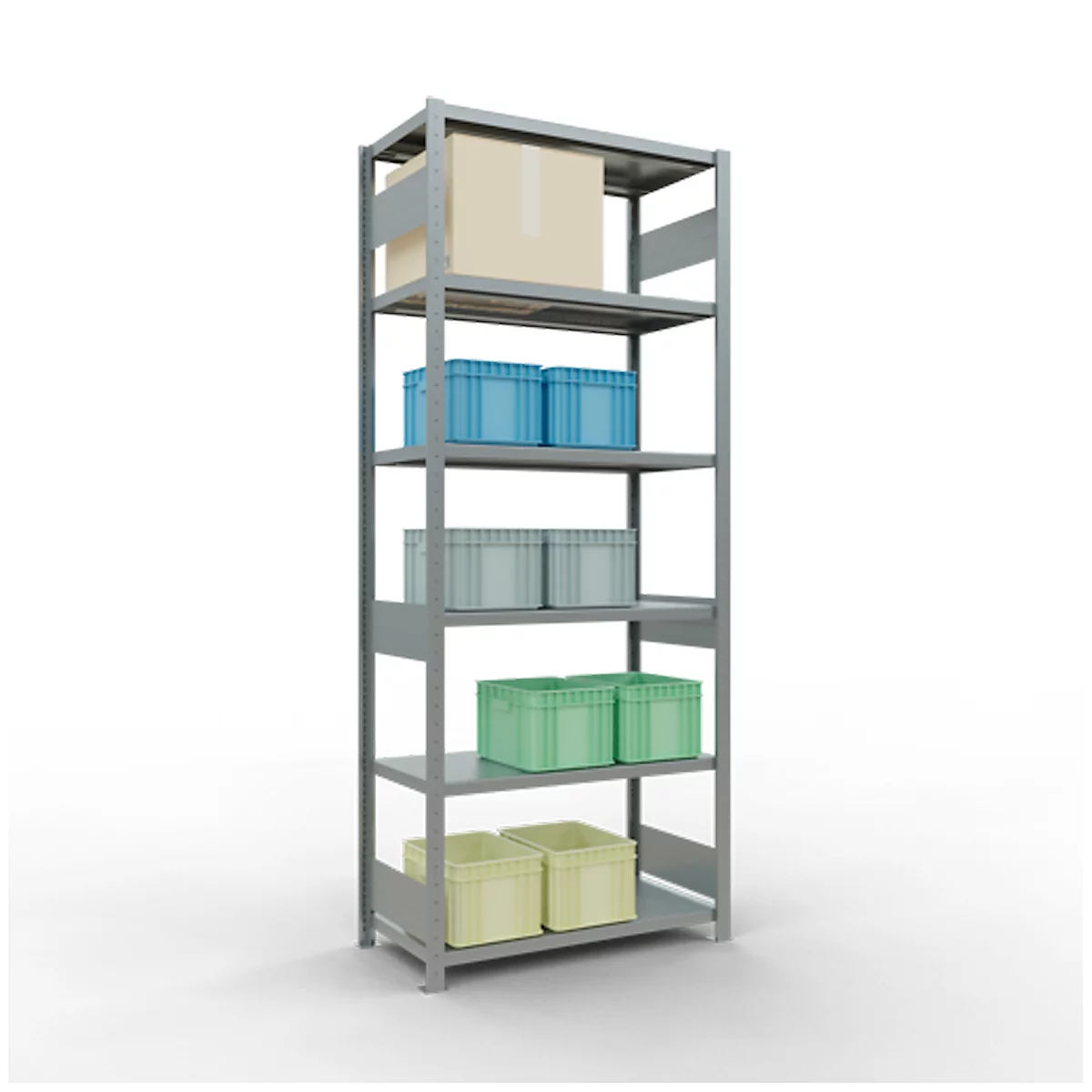 Estantería gris con cajas de varios colores: beige, azul, gris, verde y amarillo.