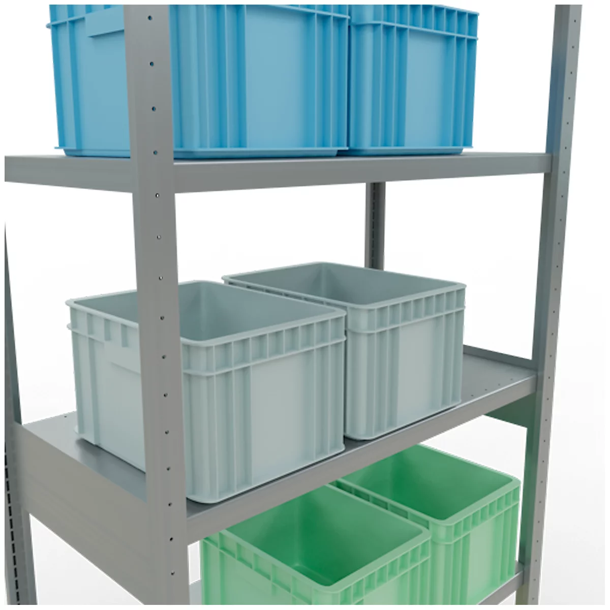 Estantería con cajas de plástico azules, grises y verdes. Diferentes tamaños, organizados en estantes.