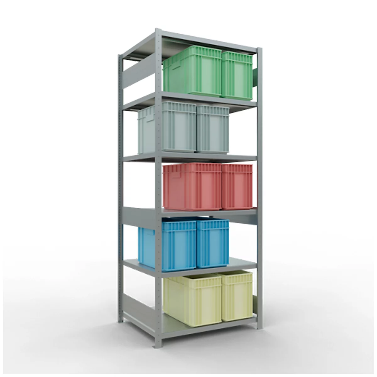 Estantería gris con cinco niveles, llena de cajas verdes, azules, rojas y amarillas.