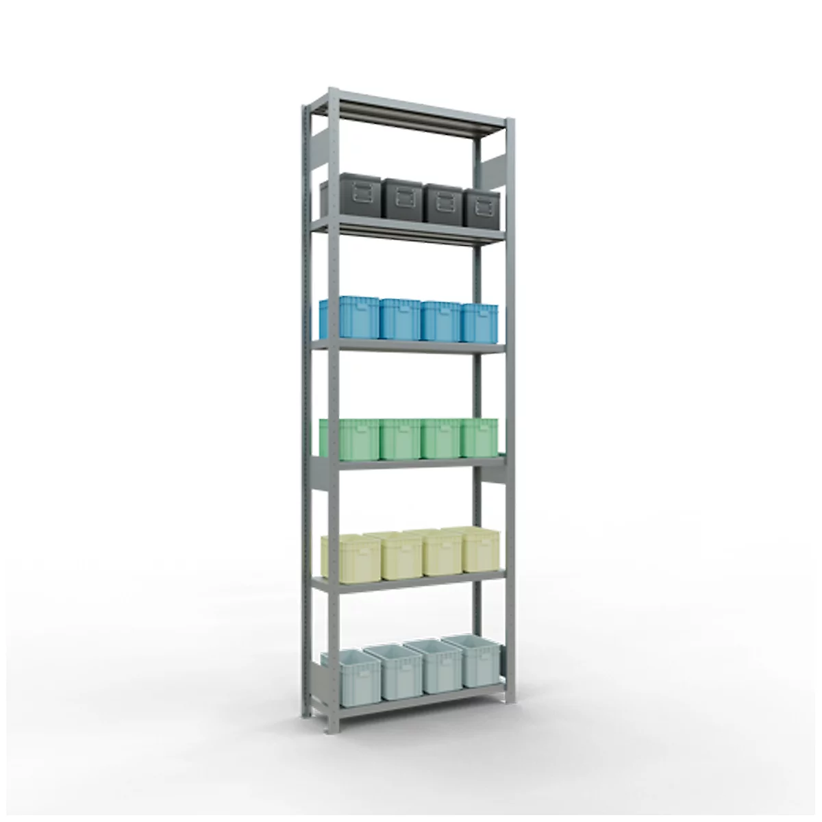 Estantería gris con cajas de diferentes colores dispuestas uniformemente en los estantes.