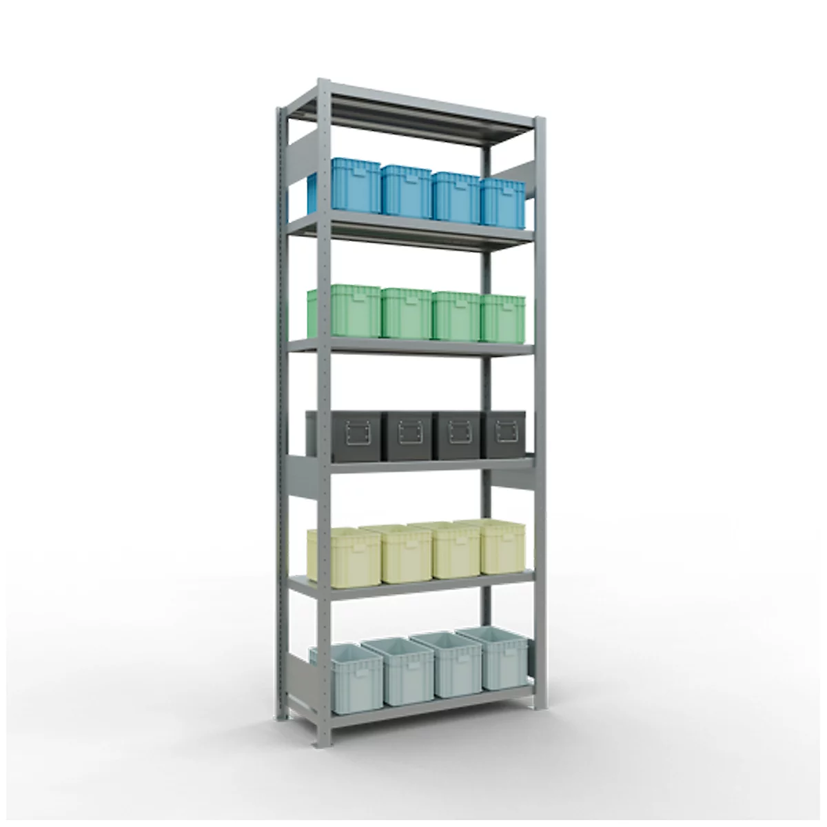 Estantería metálica gris con múltiples estantes. En cada estante hay cajas de diferentes colores: azul, verde, gris, amarillo y azul claro.