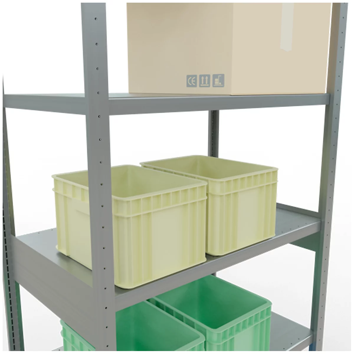 Een metalen plank met groene en lichtgele plastic dozen en een bruine kartonnen doos.