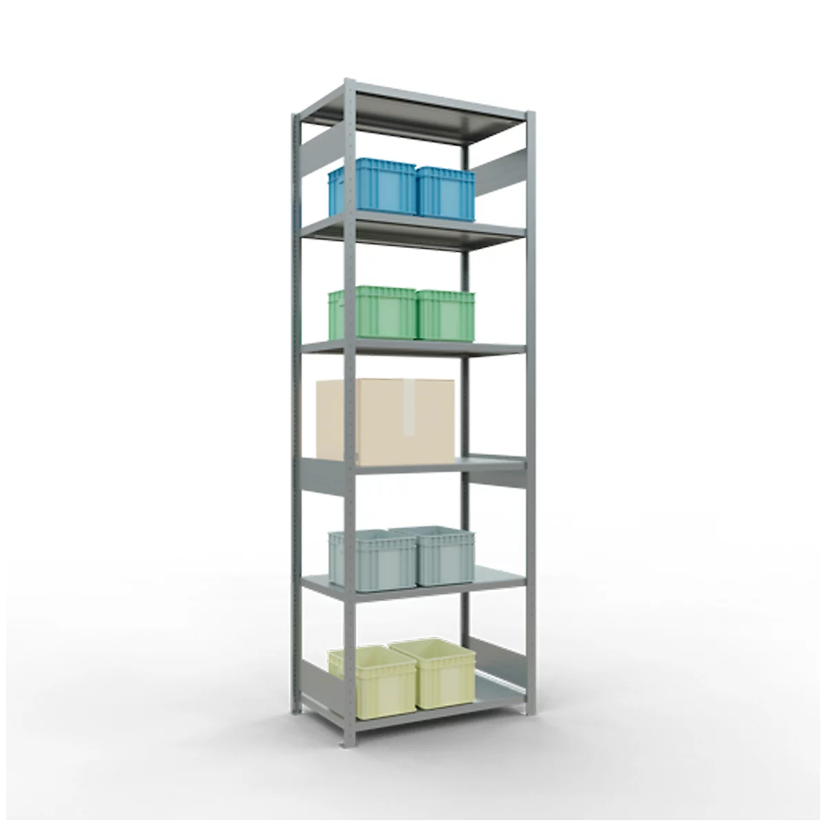 Grijs rek met dozen in blauw, groen, beige en geel. De dozen zijn op verschillende niveaus geplaatst.