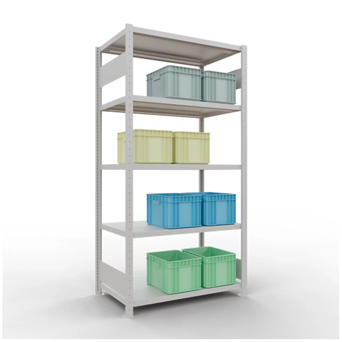 Een rek met vijf planken, gevuld met groene, blauwe en gele bakken. Metalen rek op een witte achtergrond.