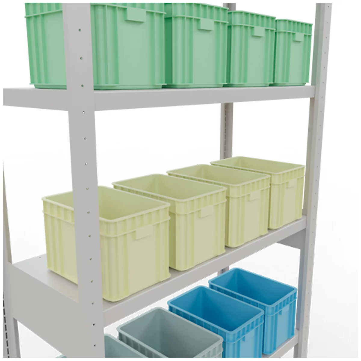 Stelling met groene, gele en blauwe plastic dozen. De dozen staan op verschillende niveaus.