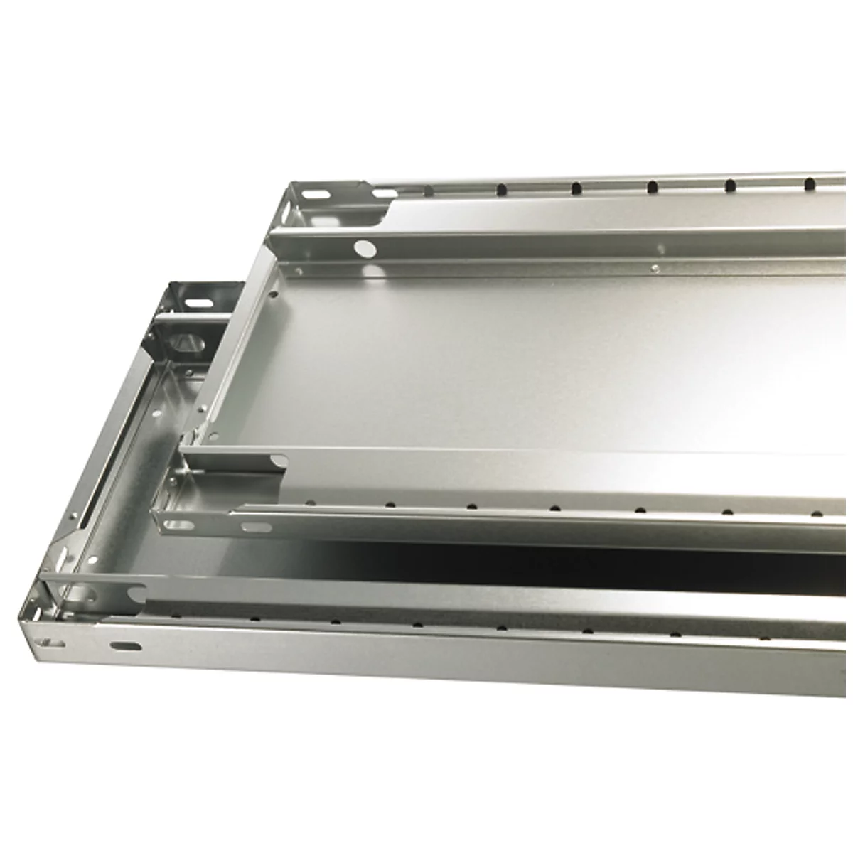 Twee metalen, rechthoekige frames, op elkaar gestapeld. Het bovenste frame is kleiner en rust in het onderste frame.