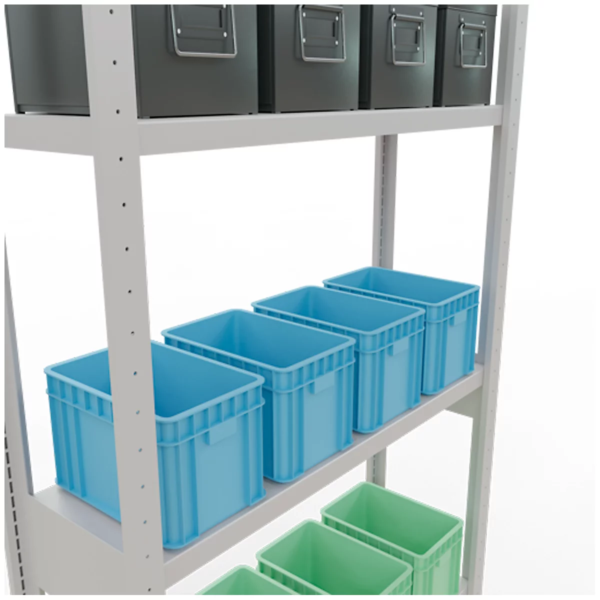 Verschillende blauwe en groene plastic dozen in een metalen rek.