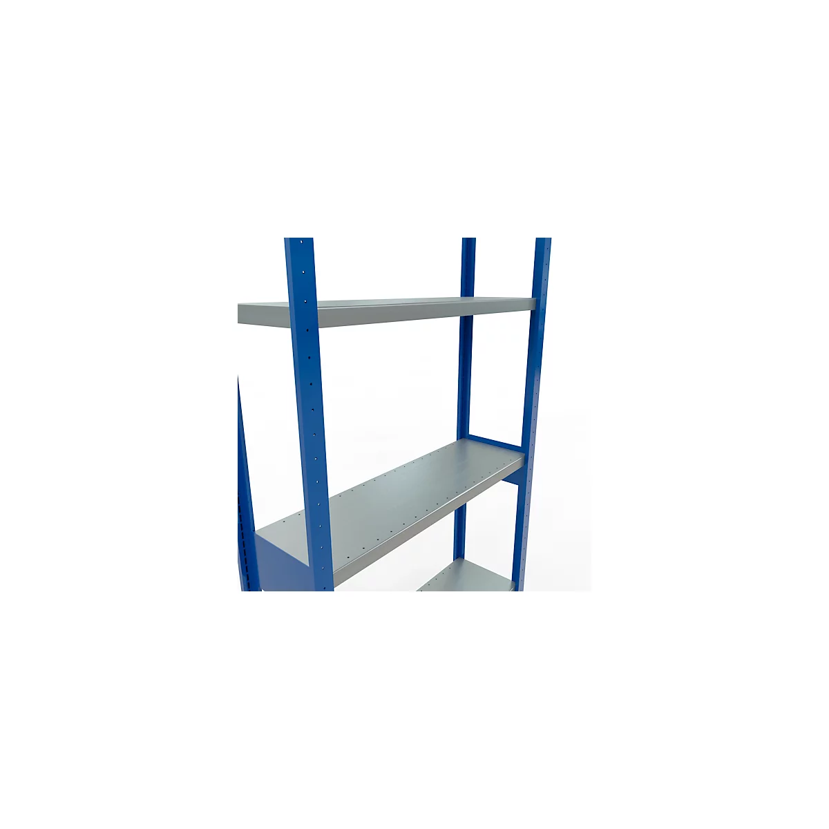 Gedetailleerde close-up van een blauw schap met zilveren planken.