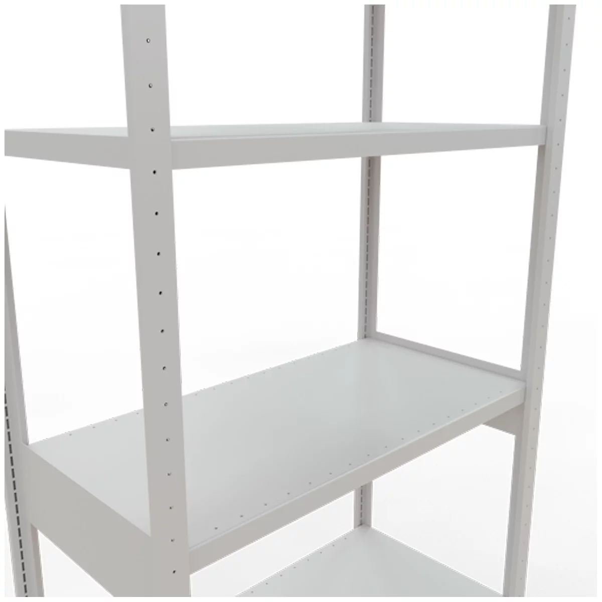 Close-up van een wit metalen rek met verschillende niveaus die door palen worden ondersteund.