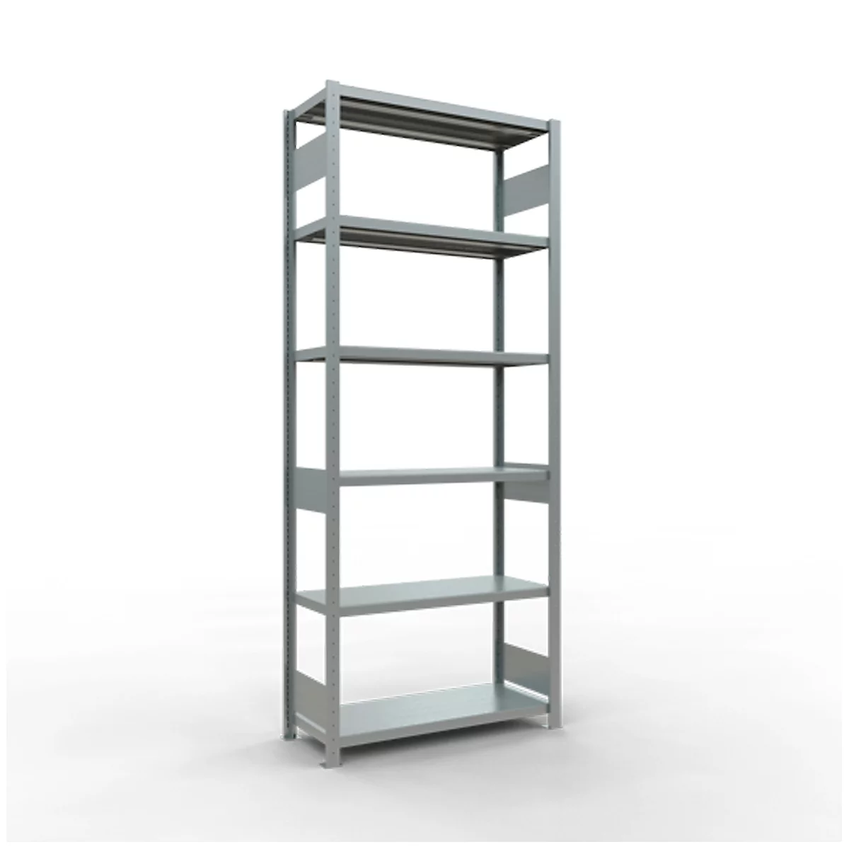 Grijs metalen rek met zes planken, vrijstaand op een witte achtergrond.