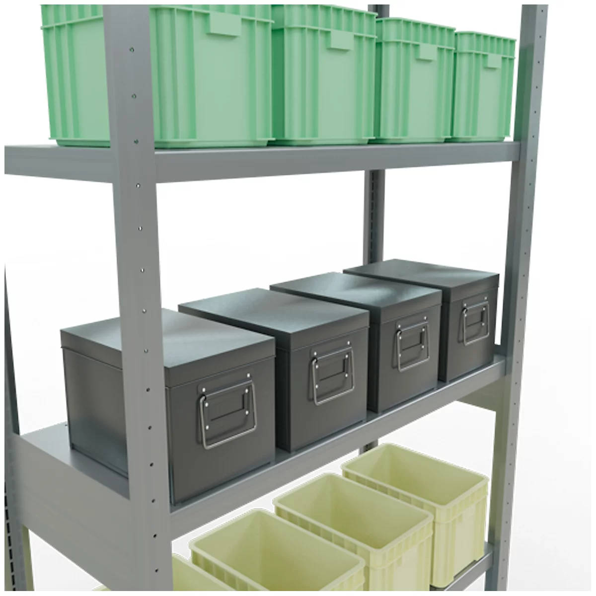 Metalen stellingkast met dozen in verschillende kleuren en maten: groene, grijze en beige dozen.