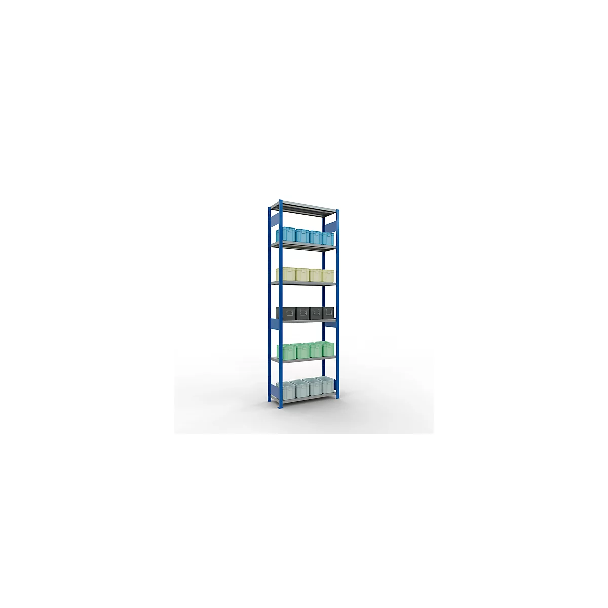 Hoge blauwe stellingkast met vijf grijze planken, gevuld met dozen in verschillende kleuren.